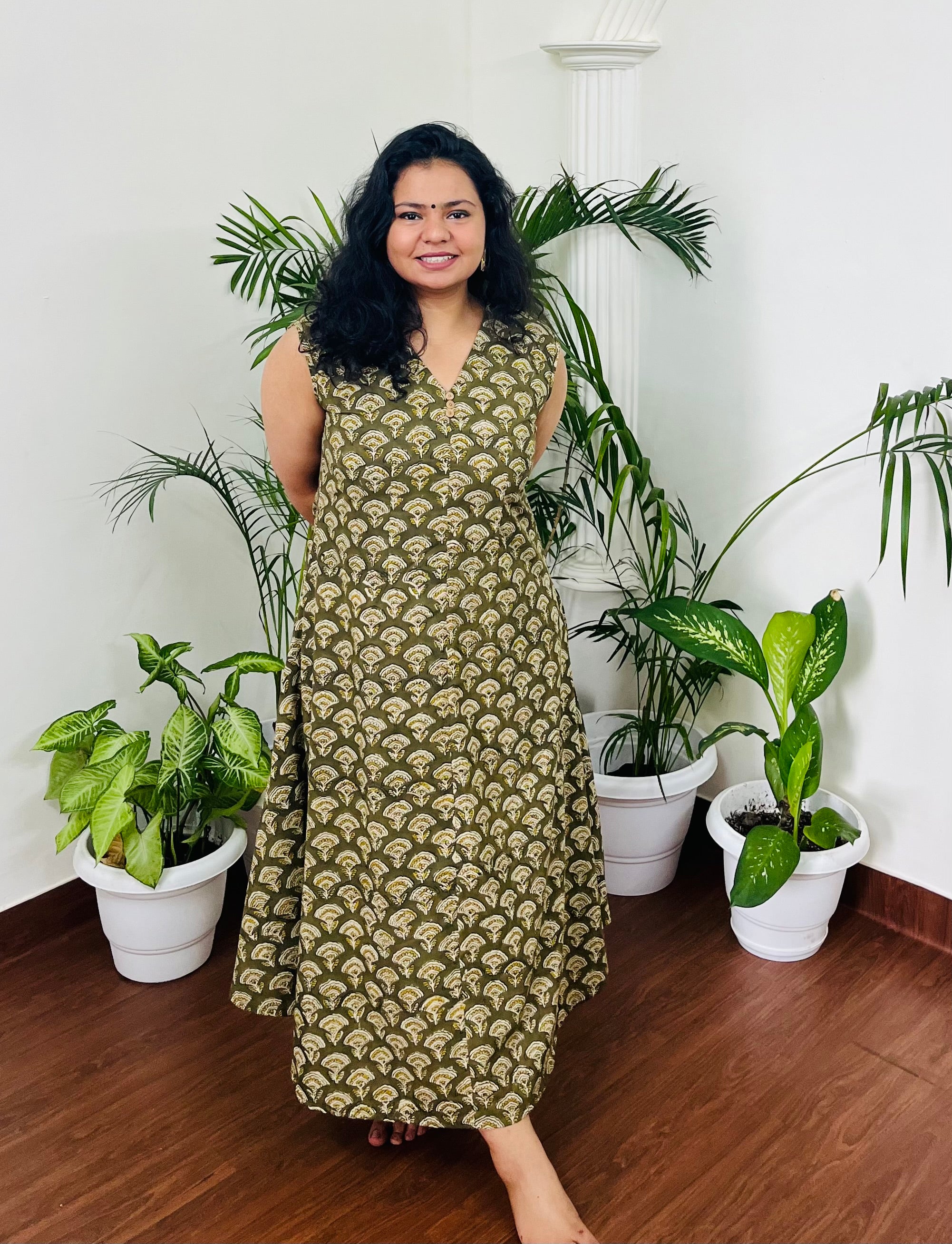 Mehendi green Handblock dress with pocket - MYSANSKRITAM