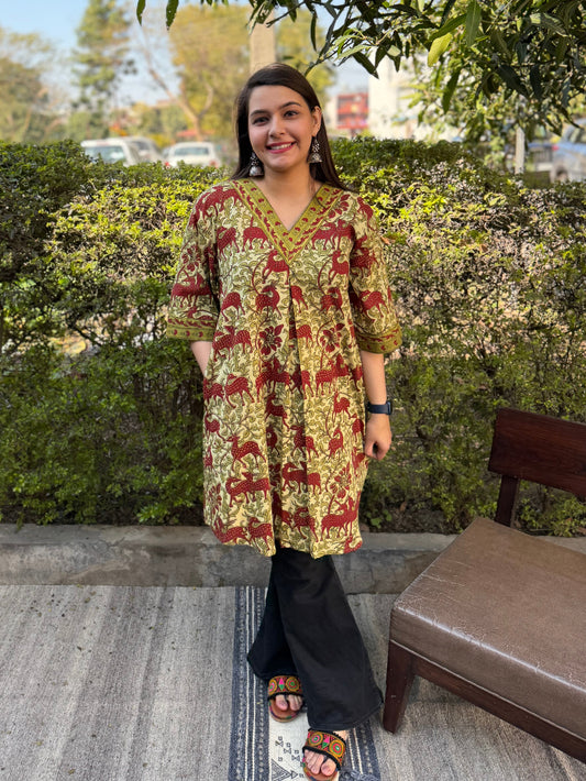 Reindeer Green Bagru Top by MySanskritam