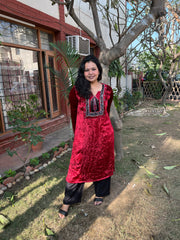 Maroon ajrakh velvet yoke kurta