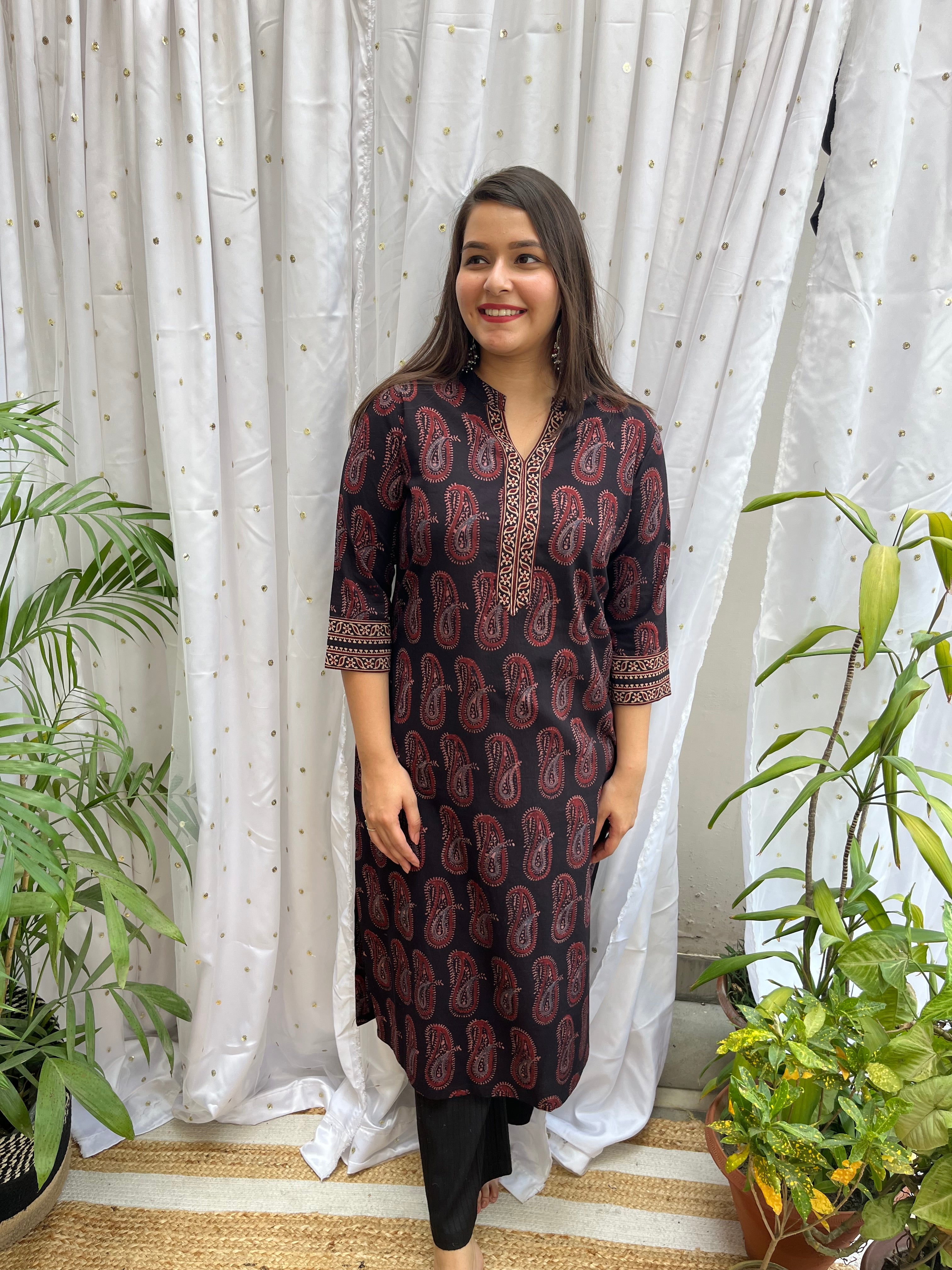 Black Kairi Ajrakh Kurta - MYSANSKRITAM