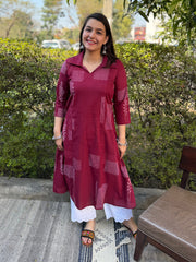 Dark Pink Geometric Collar Aline Kurta by MySanskritam