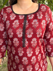 Maroon Ajrakh Lace Kurta close up by MySanskritam