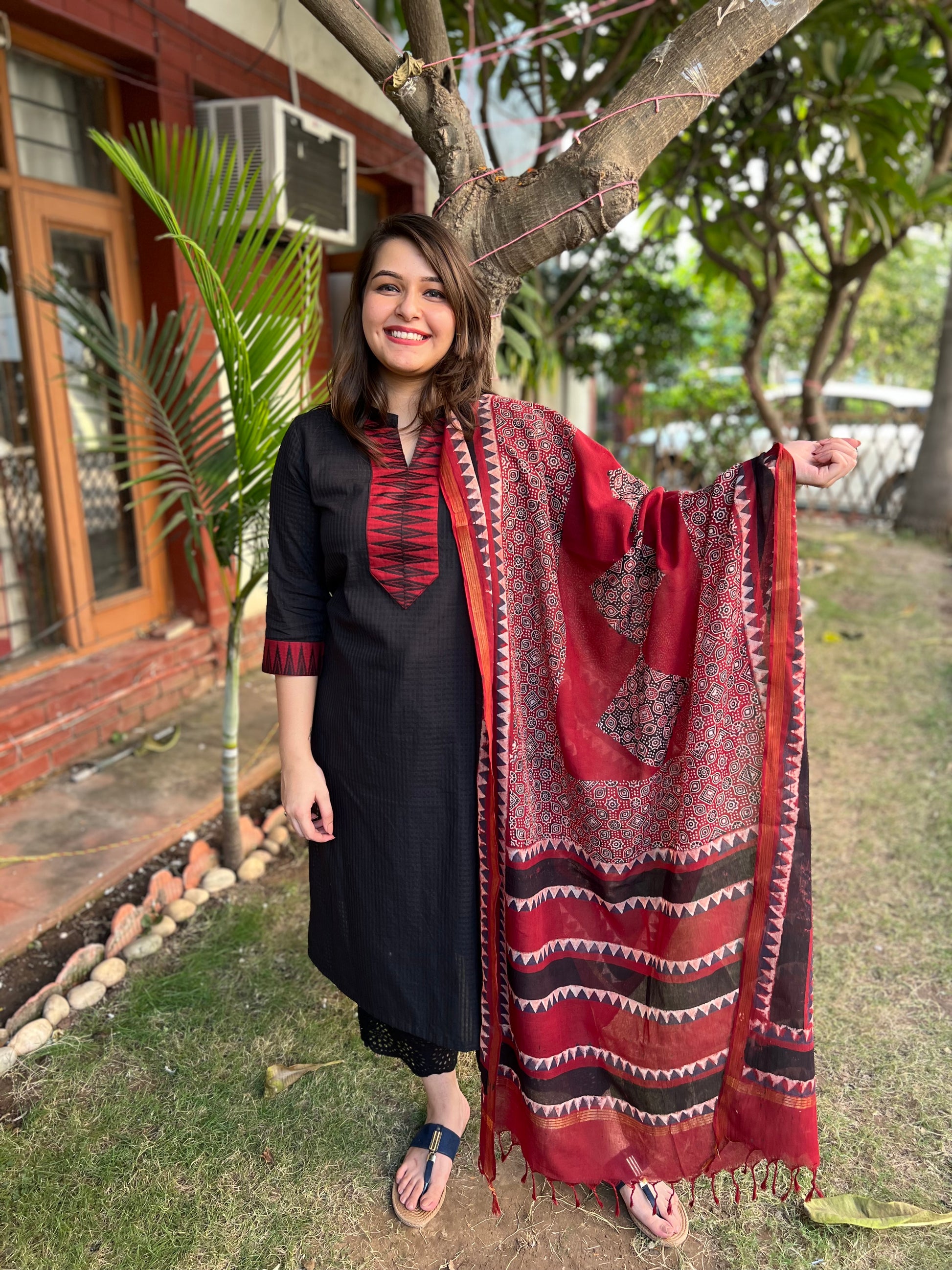 Black Border kurta with South cotton ajrakh duppata - MYSANSKRITAM