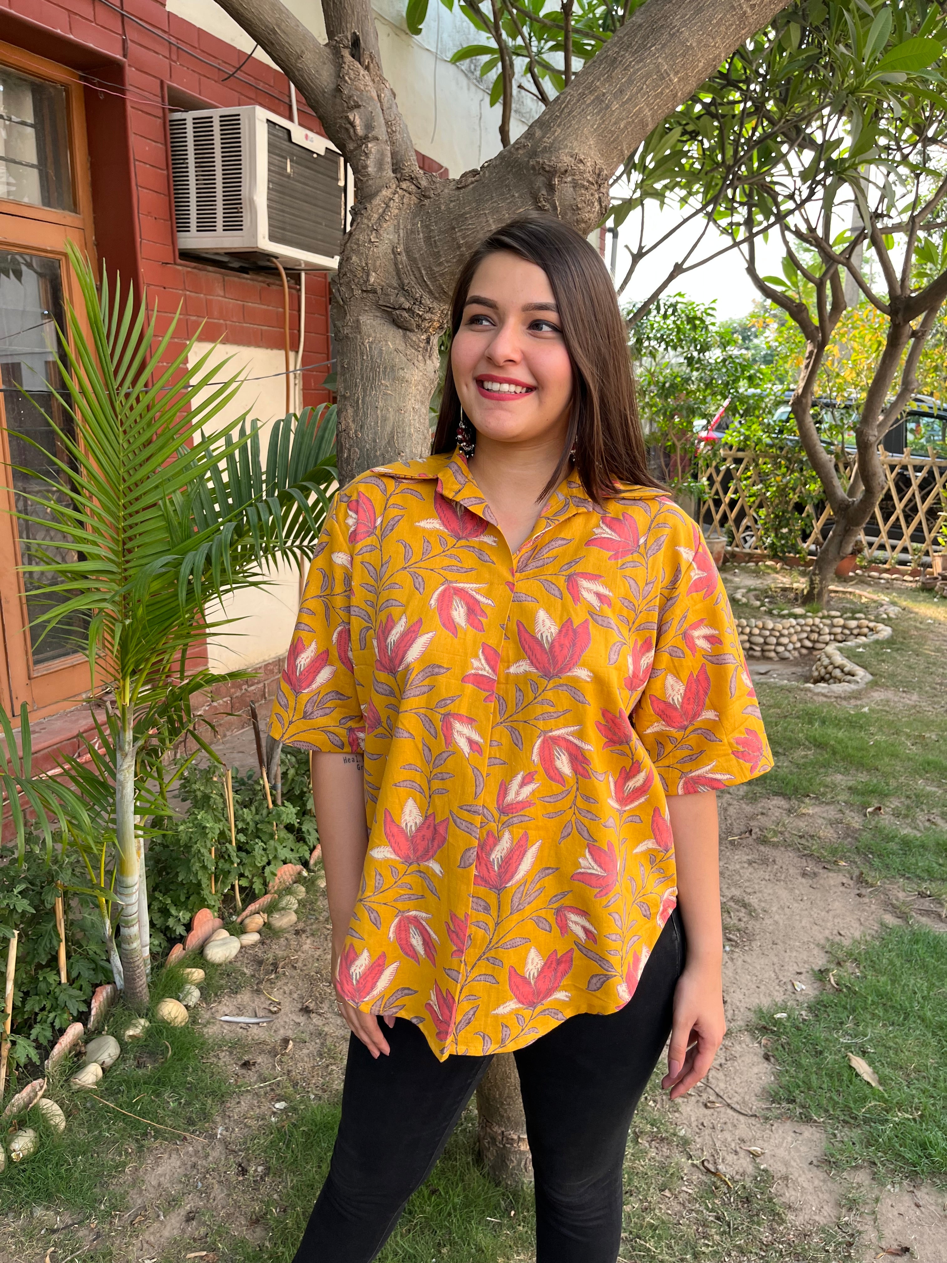 Mustard Floral Top - MYSANSKRITAM