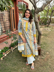 Mustard lace Handblock printed full suit set