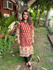 Maroon Bagru lacework kurta - MYSANSKRITAM