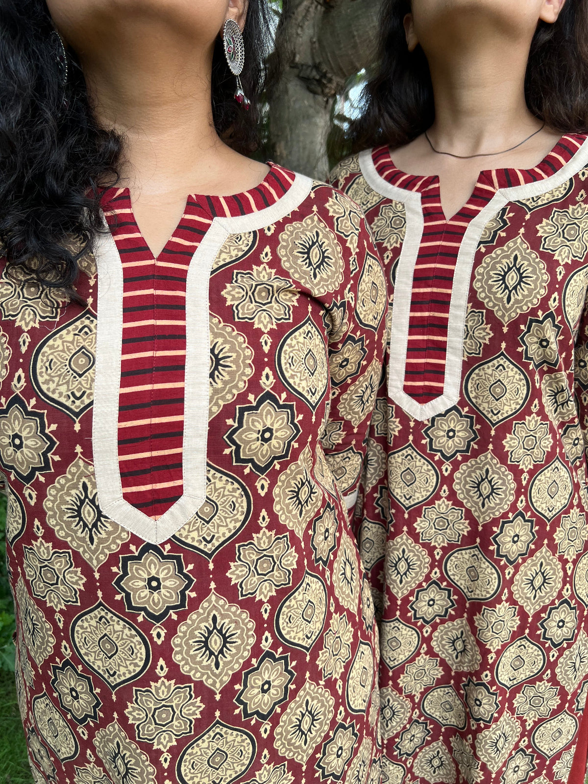 Brick red cream ajrakh Geometric kurta - MYSANSKRITAM