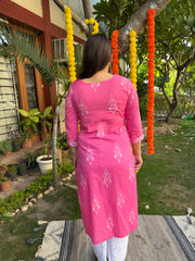 Pink ikkat print V neck kurta