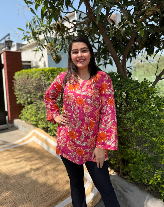 Pink floral rayon short kurti