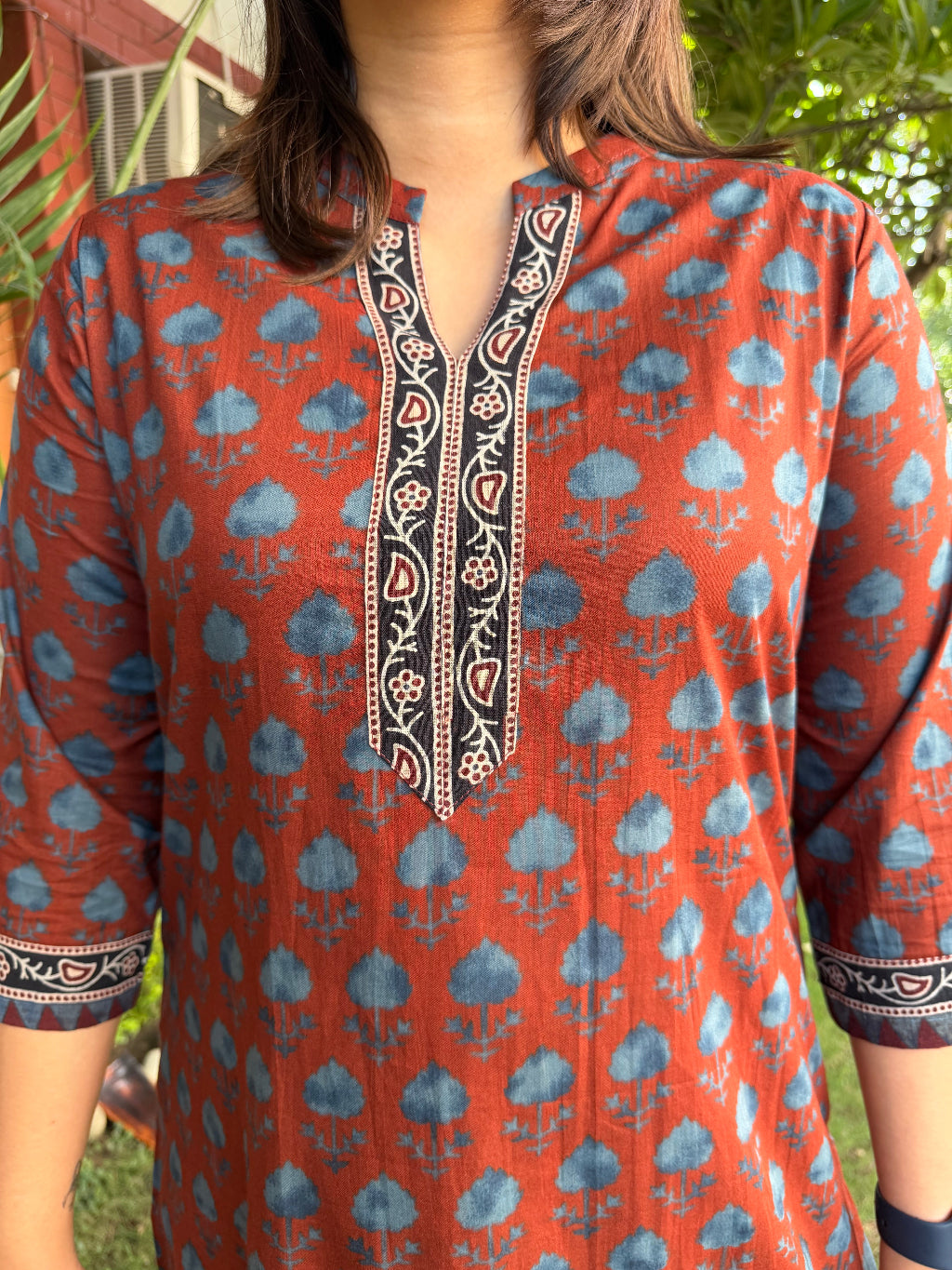 Maroon Blue Buti Ban-Neck Kurta neck design by Sanskritam