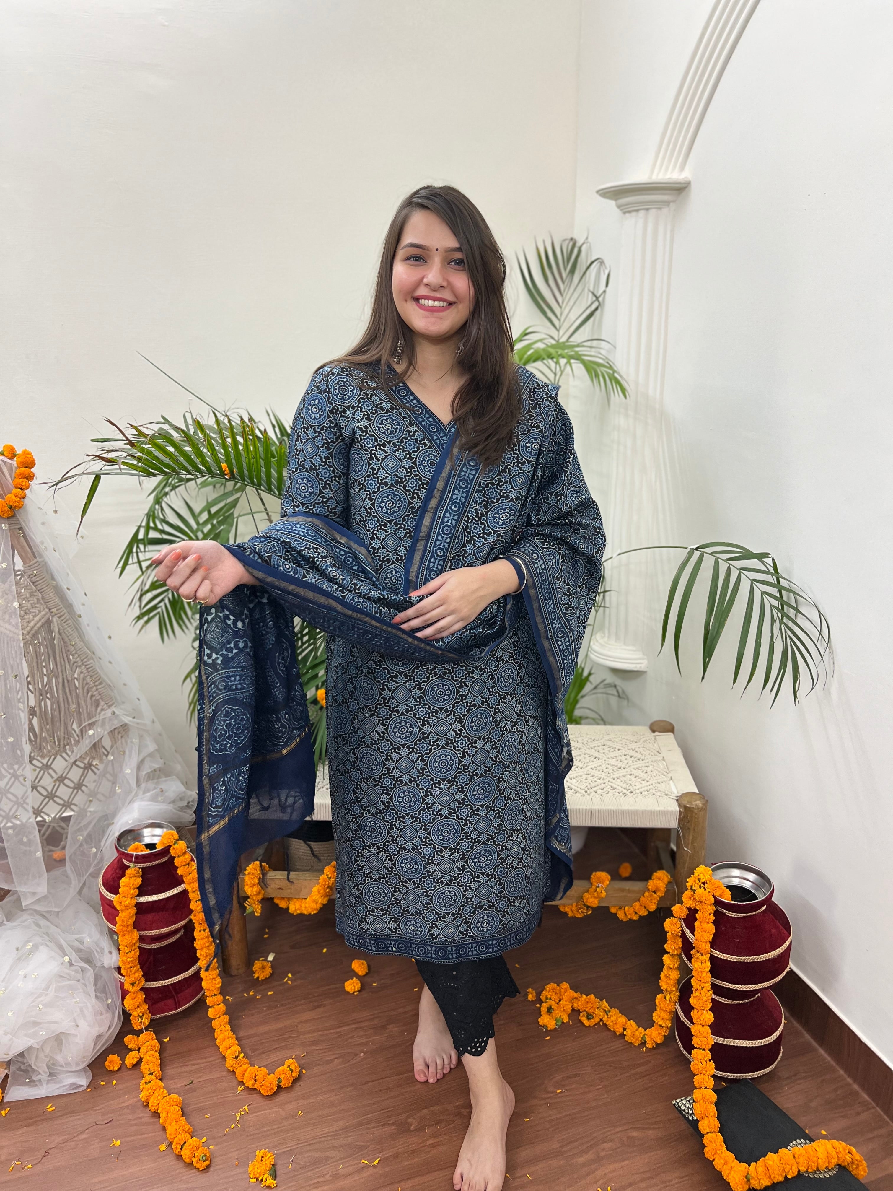 Ajrakh Chanderi Indigo kurta duppata set - MYSANSKRITAM