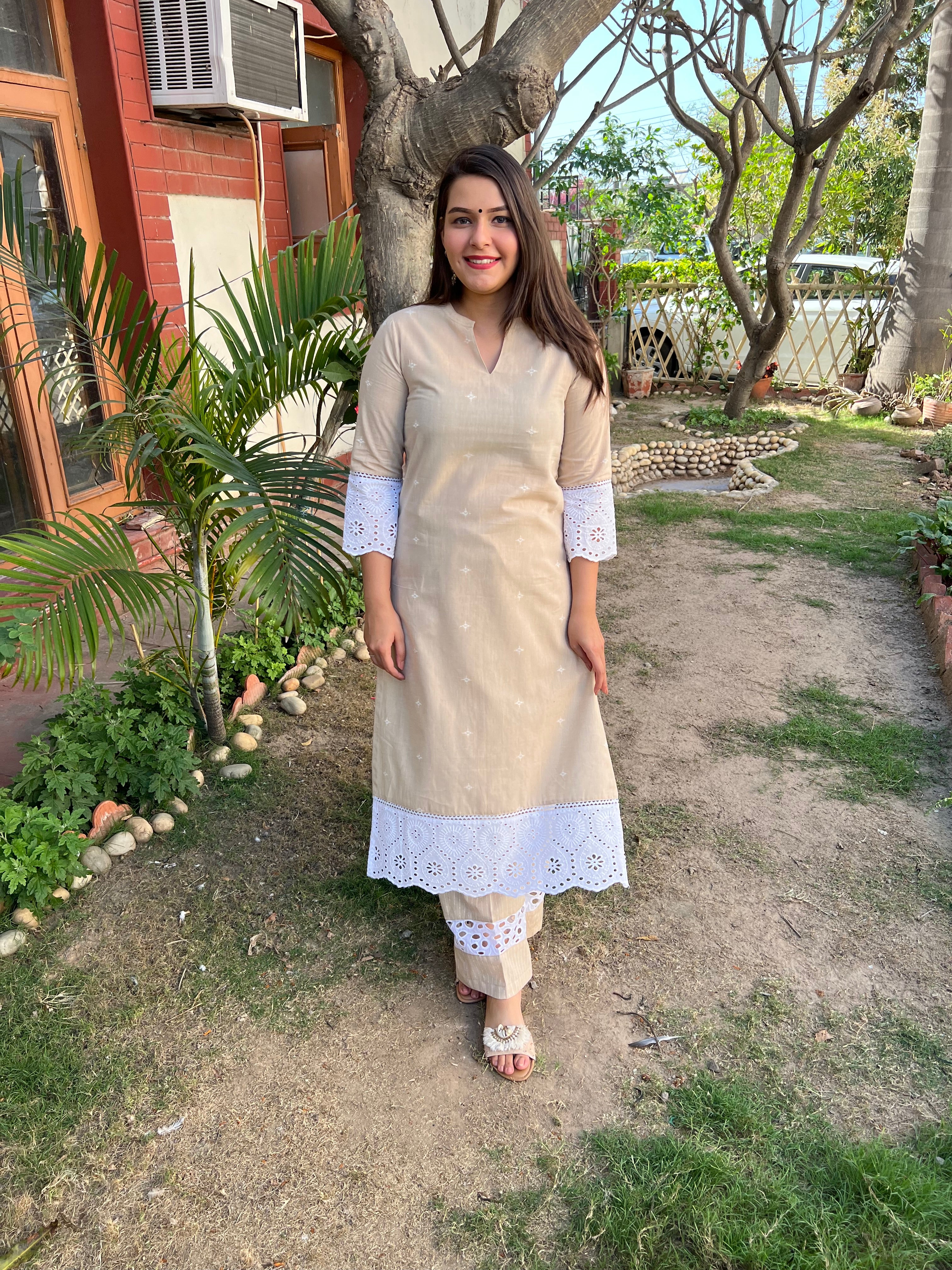 Beige Chikan Lace Kurta - MYSANSKRITAM