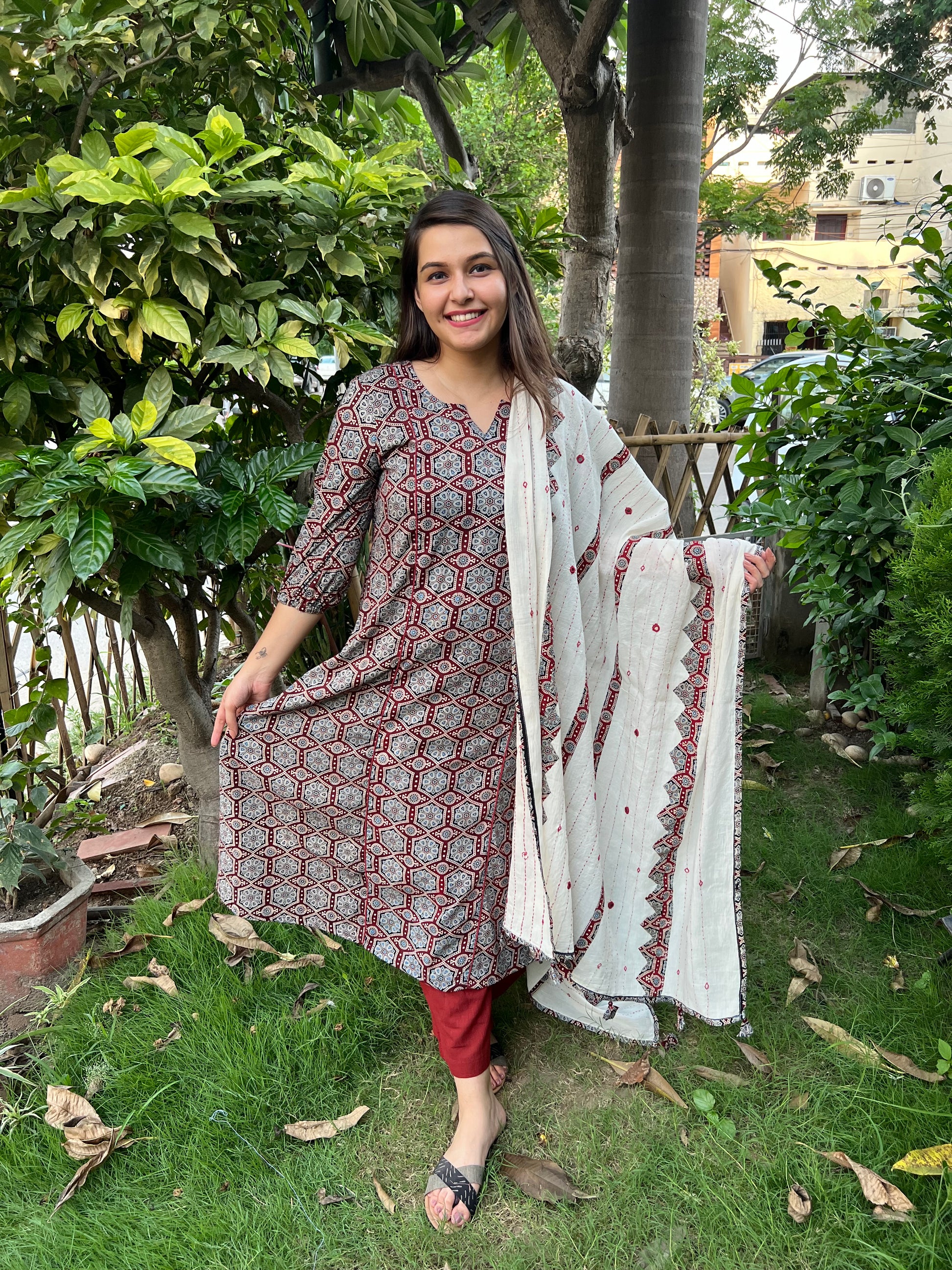 Ajrakh A-Line kurta duppata set - MYSANSKRITAM