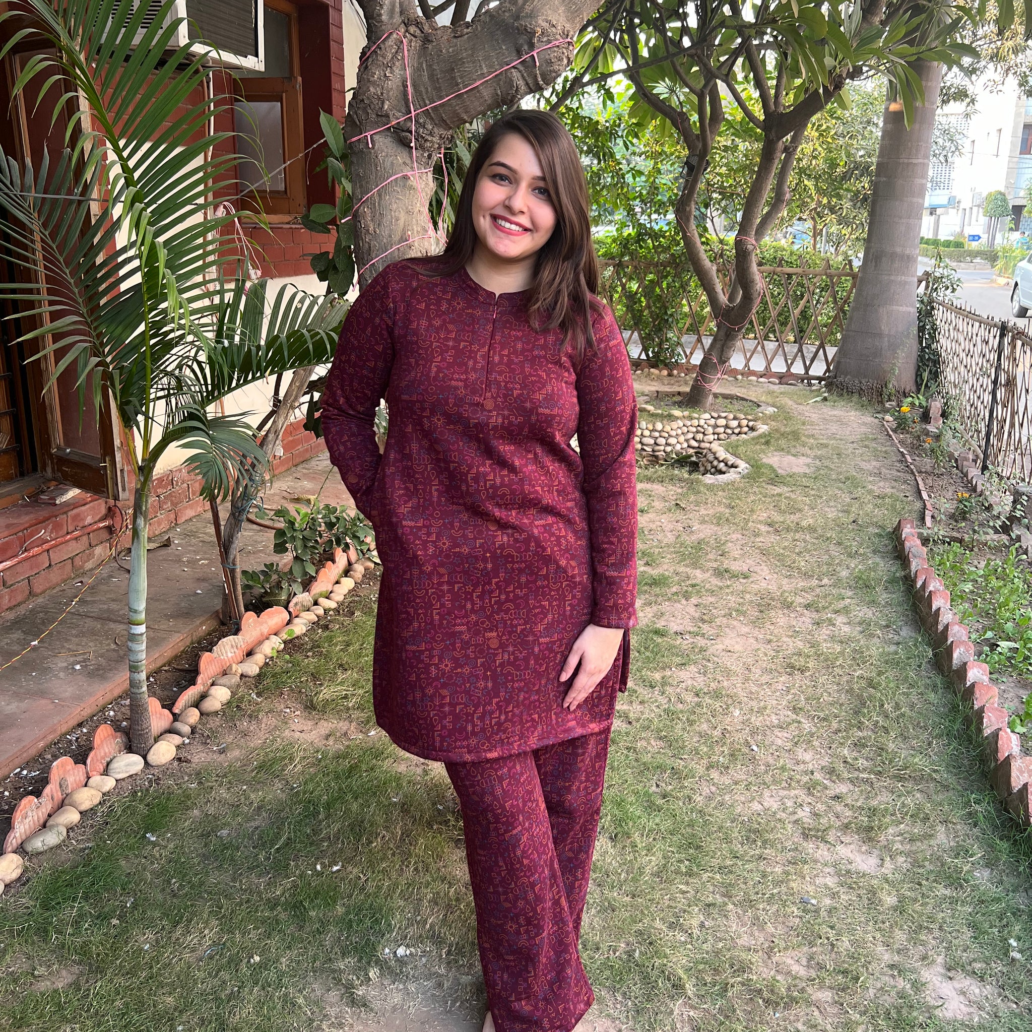 Maroon Fleece winter nightsuit - MYSANSKRITAM