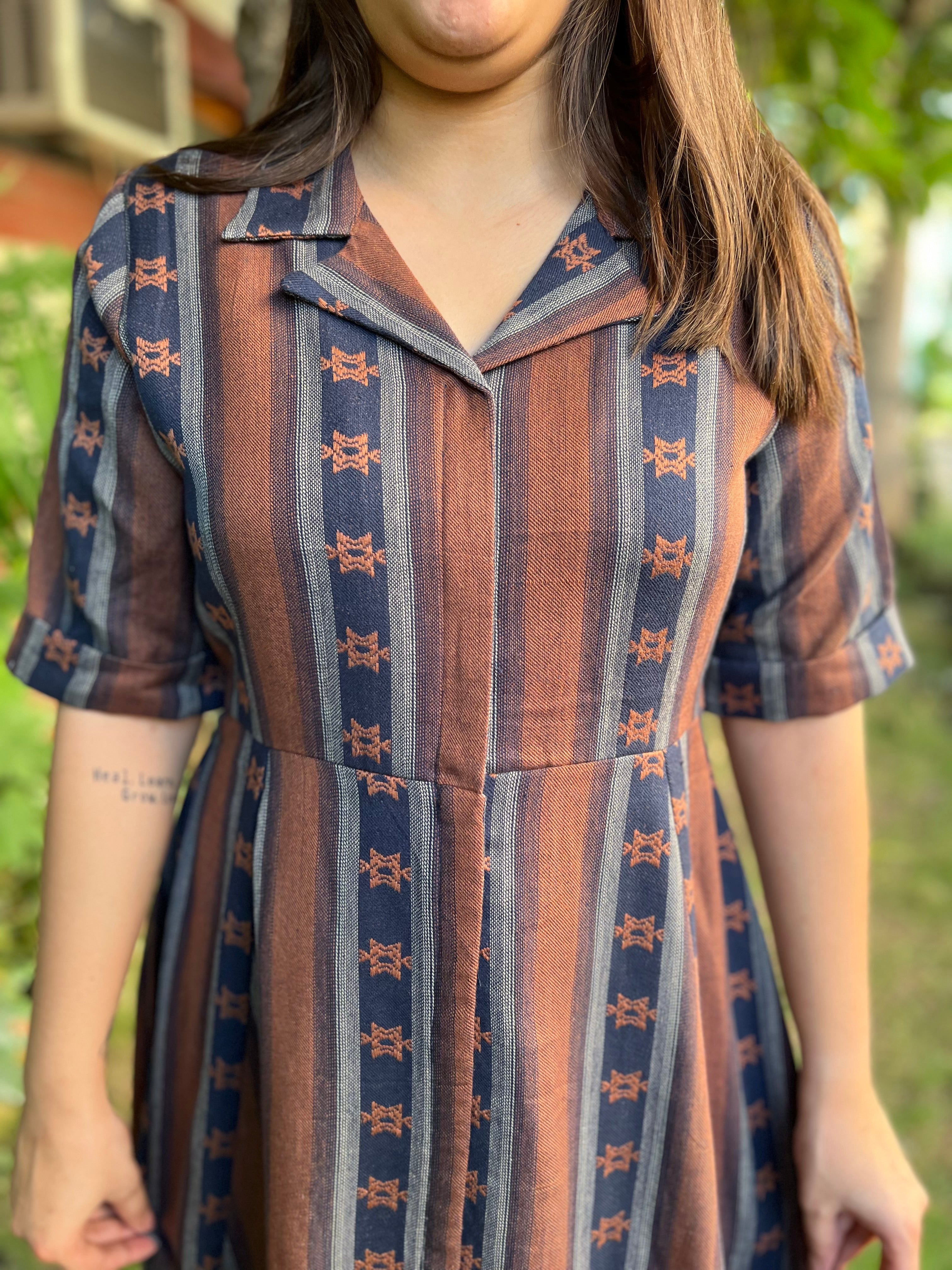 Brown Lines dress with collar - MYSANSKRITAM