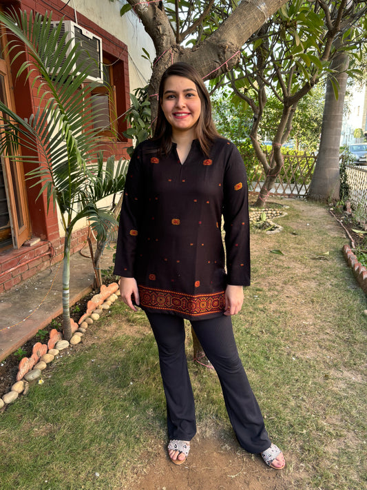 Black embroidered woollen short kurti
