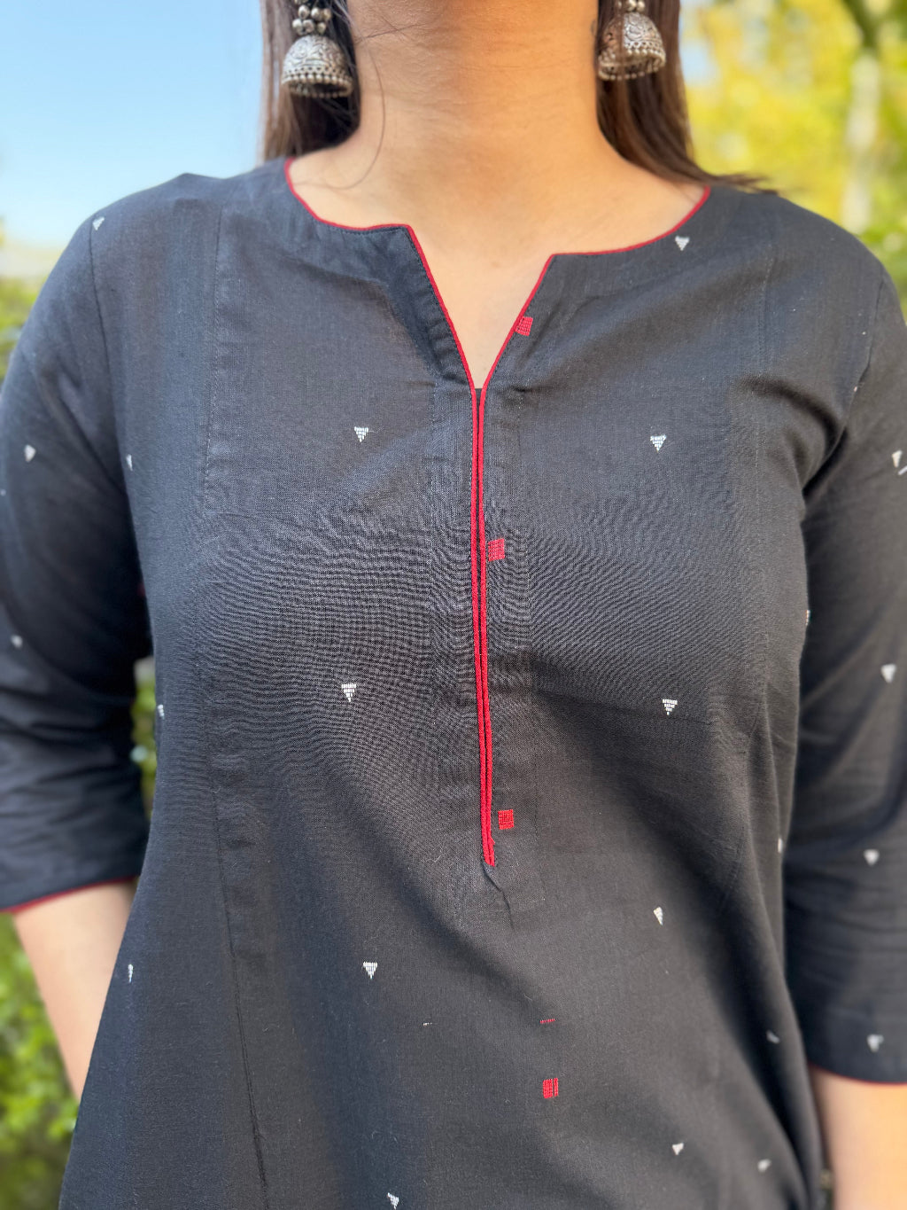 Black A-line South Cotton Kurta Only Neck Detail by Sanskritam