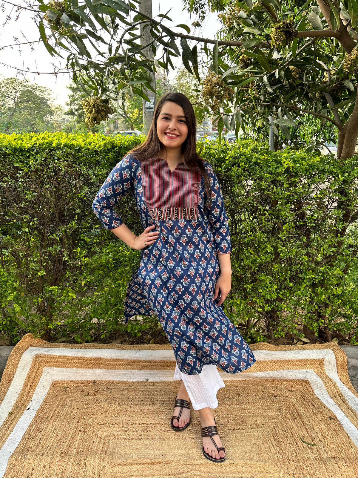 Blue Sanganeri yoke kurta