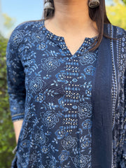 Blue Floral Full Suit Set Neck detailing by MySanskritam