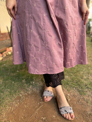 Onion pink embroidered A-line kurta with pockets.