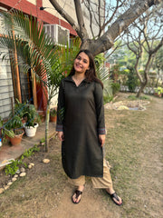 Green self design collar woollen kurta