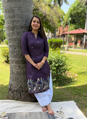 Purple embroidered Linen Kurta