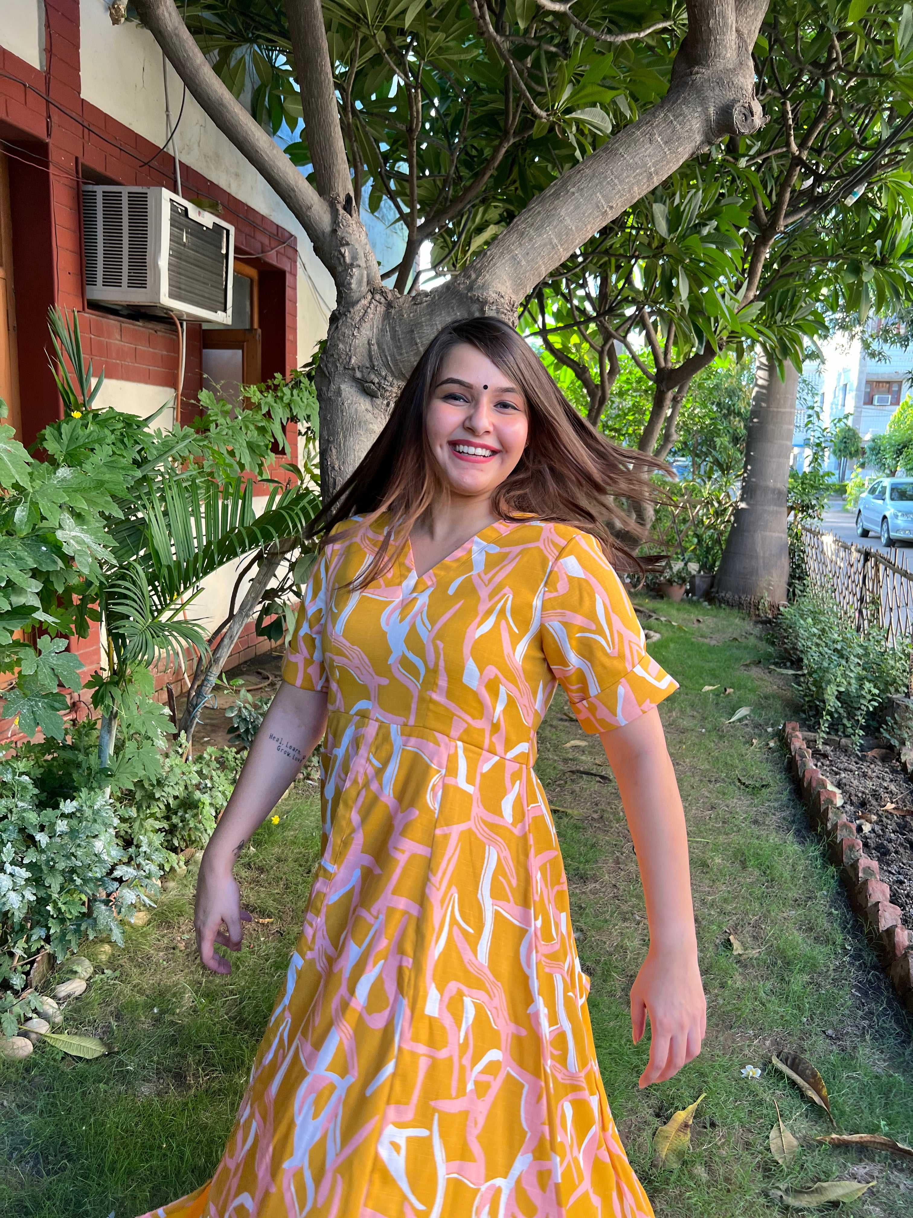 Yellow abstract Floral dress - MYSANSKRITAM