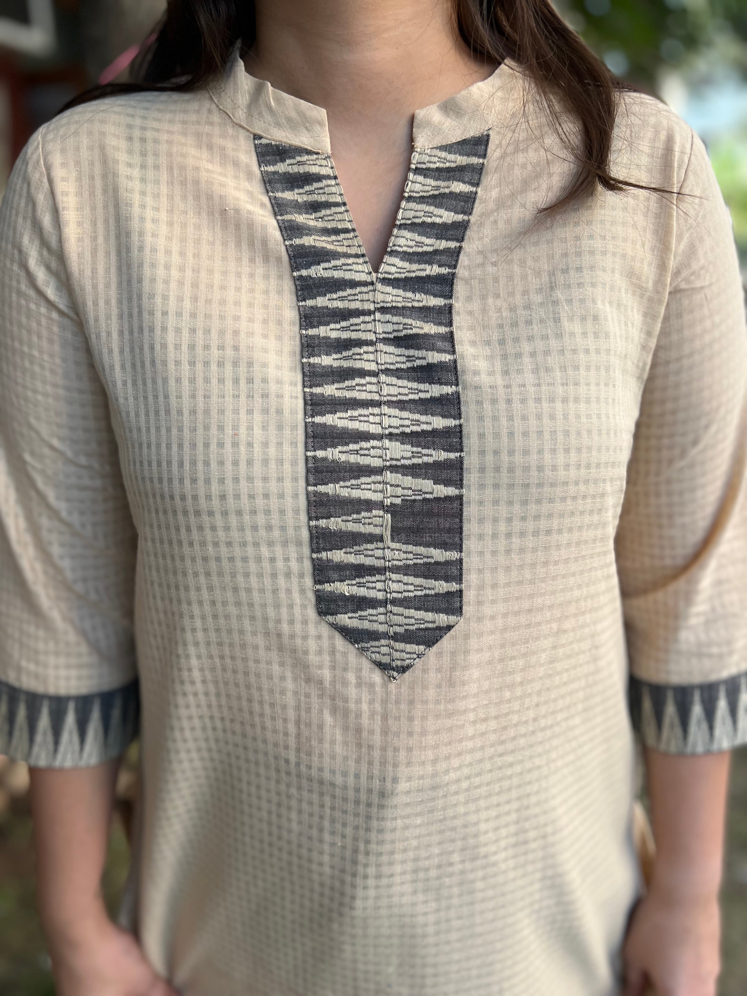 Cream Office Wear Border Kurta - MYSANSKRITAM