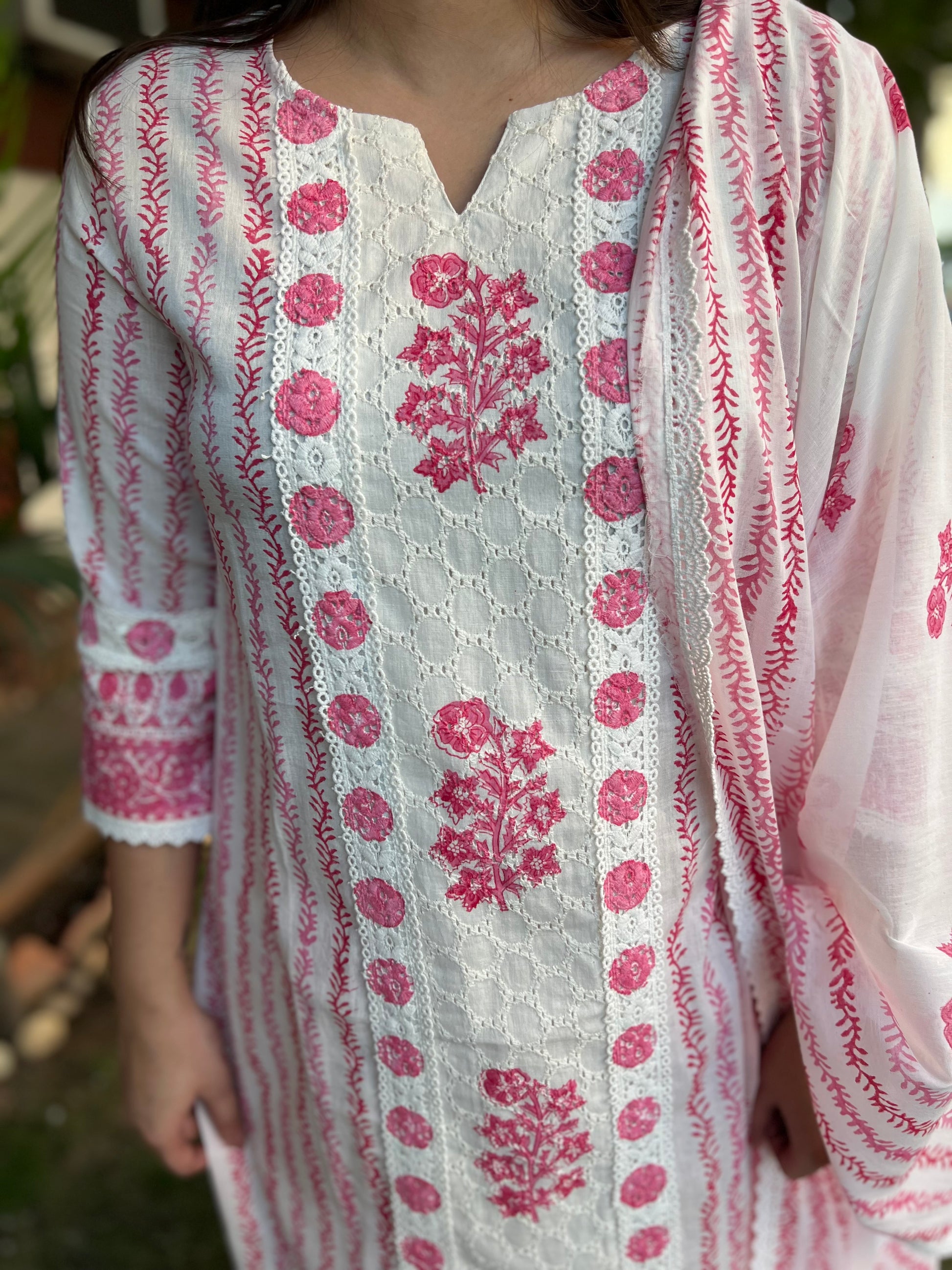 Pink Chikan Handblock printed full suit set - MYSANSKRITAM