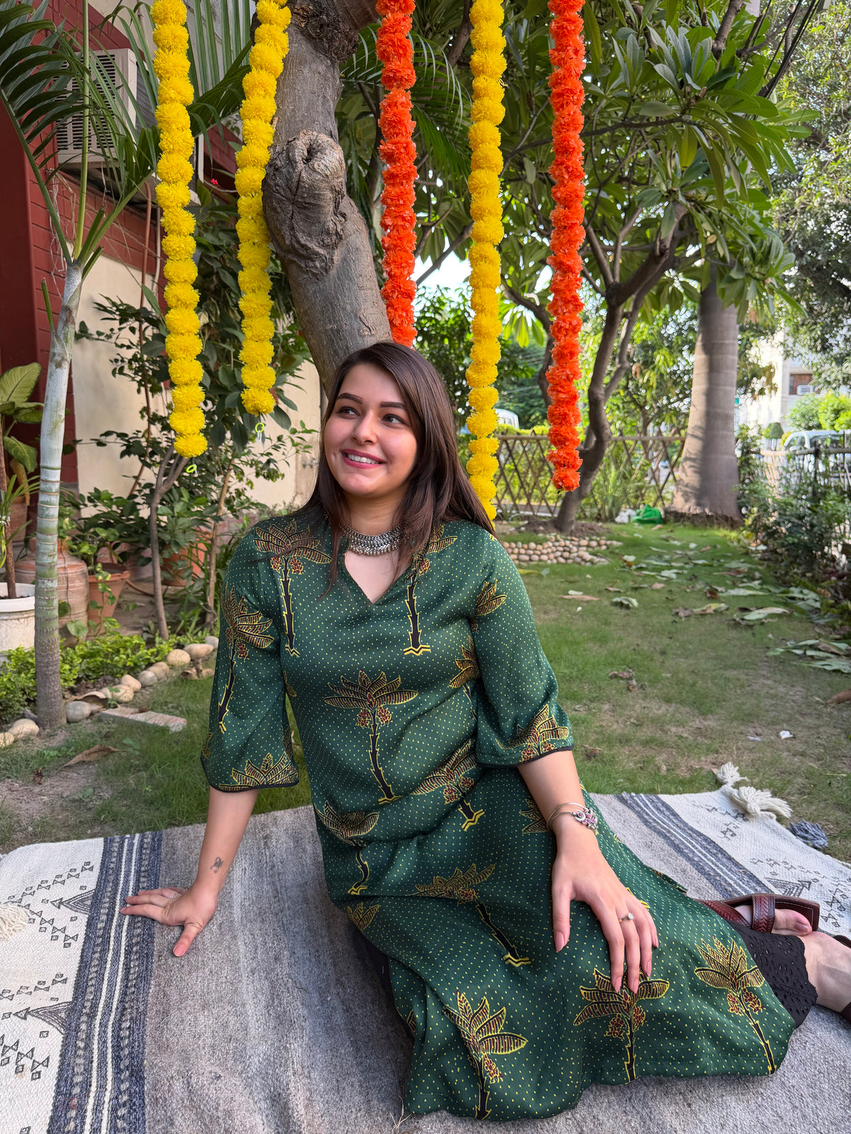 Bottle green lotus modal silk kurta