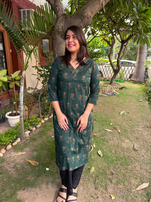 Bottle green flower V neck kurta