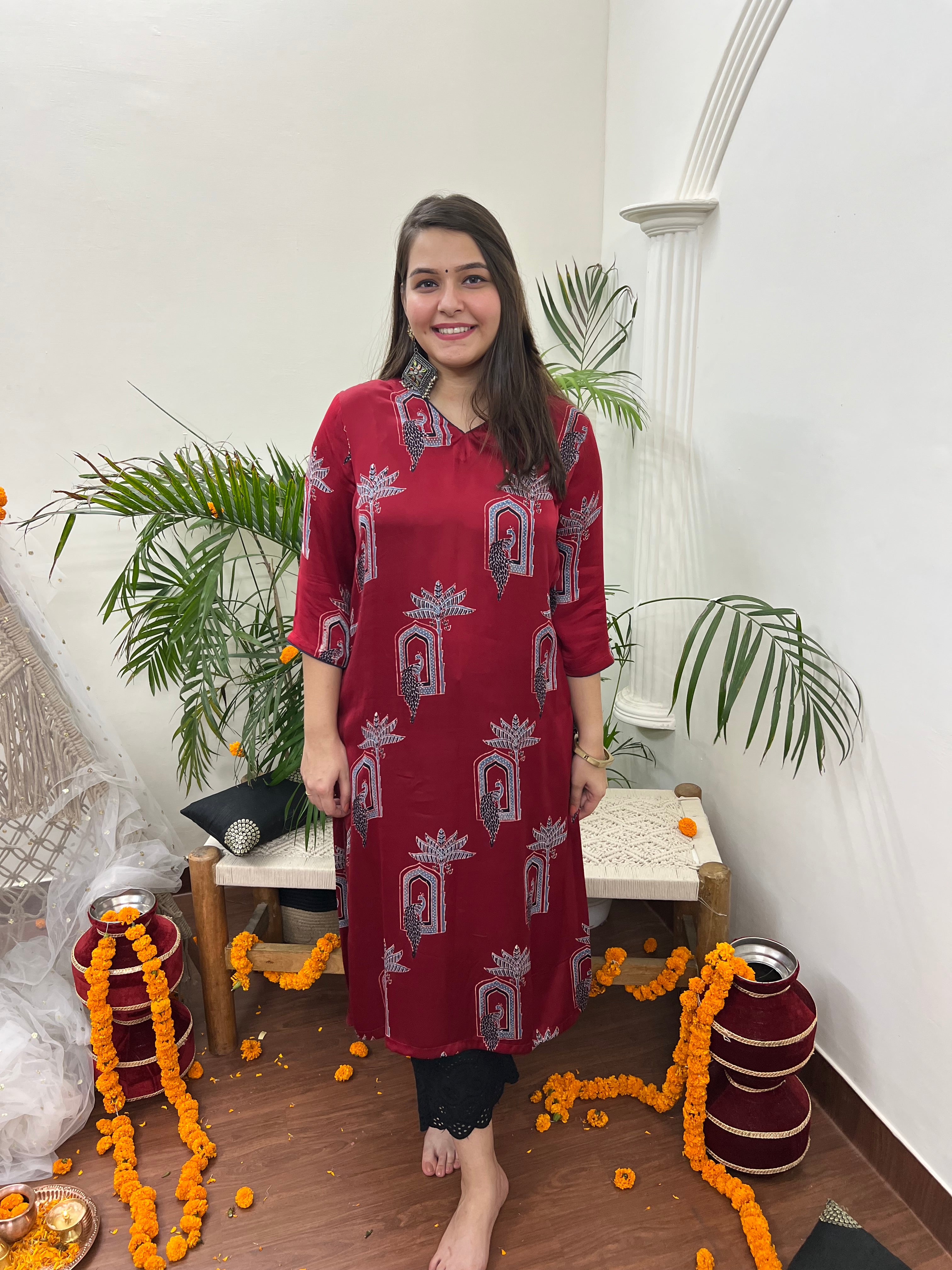 Premium Modal Maroon Minar long kurta - MYSANSKRITAM