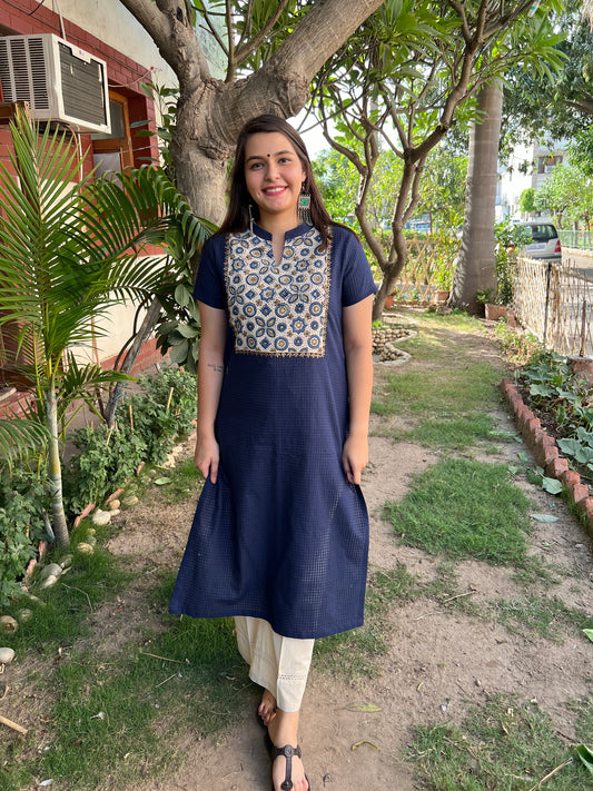 Dark Blue embroidered Yoke kurta - MYSANSKRITAM