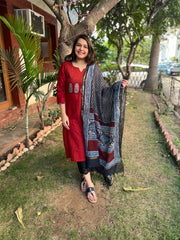 Maroon Basic Kantha Yoke Kurta duppata set - MYSANSKRITAM