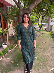 Bottle green flower V neck kurta