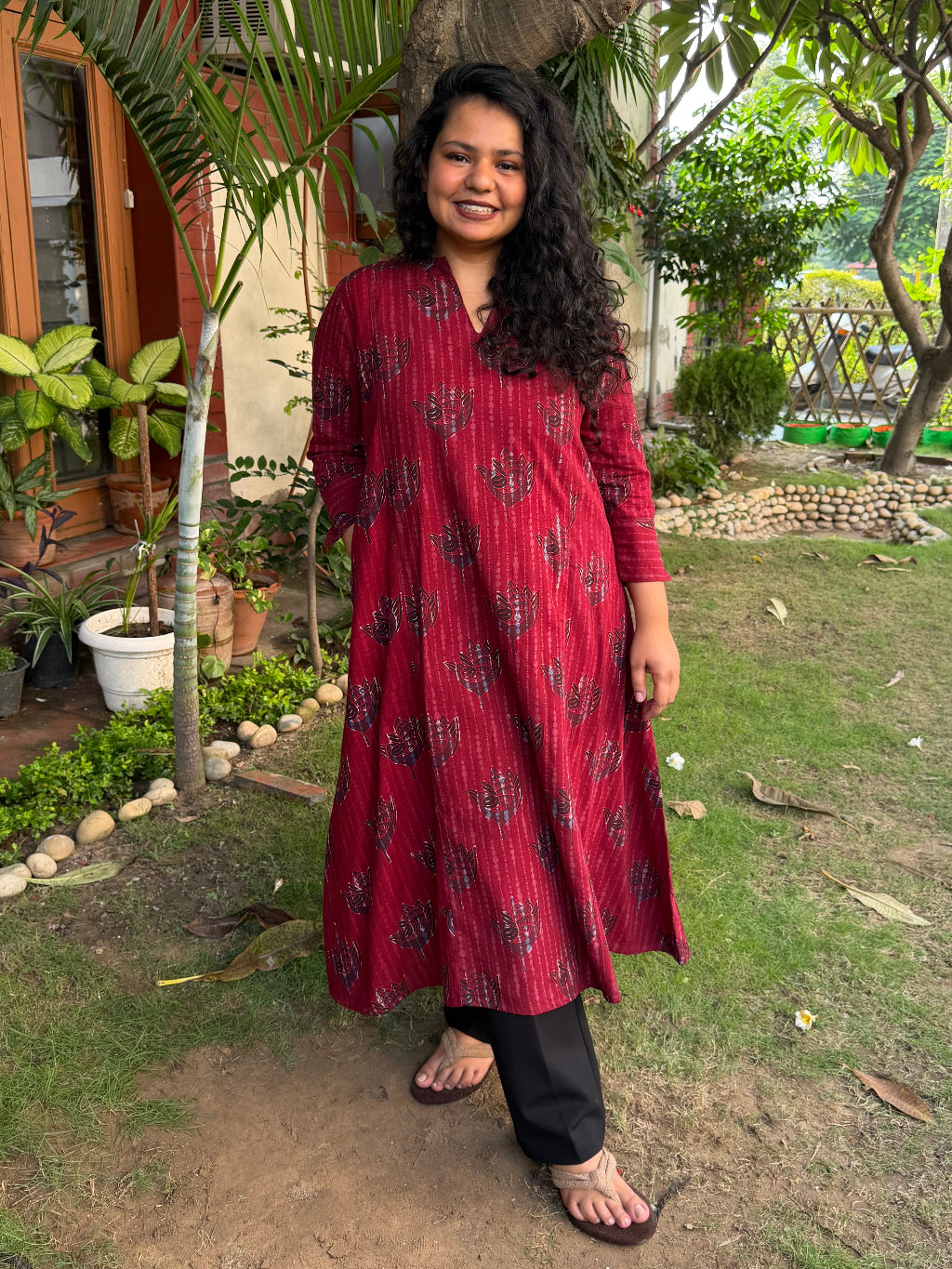 Maroon Slub Peacock A-line Kurta by MySanskritam