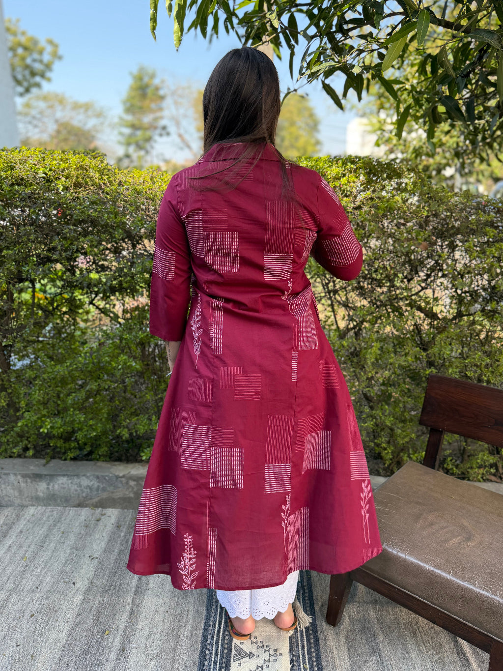 Dark Pink Geometric Collar Aline Kurta from the back by MySanskritam