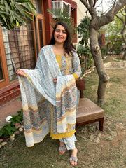 Mustard lace Handblock printed full suit set