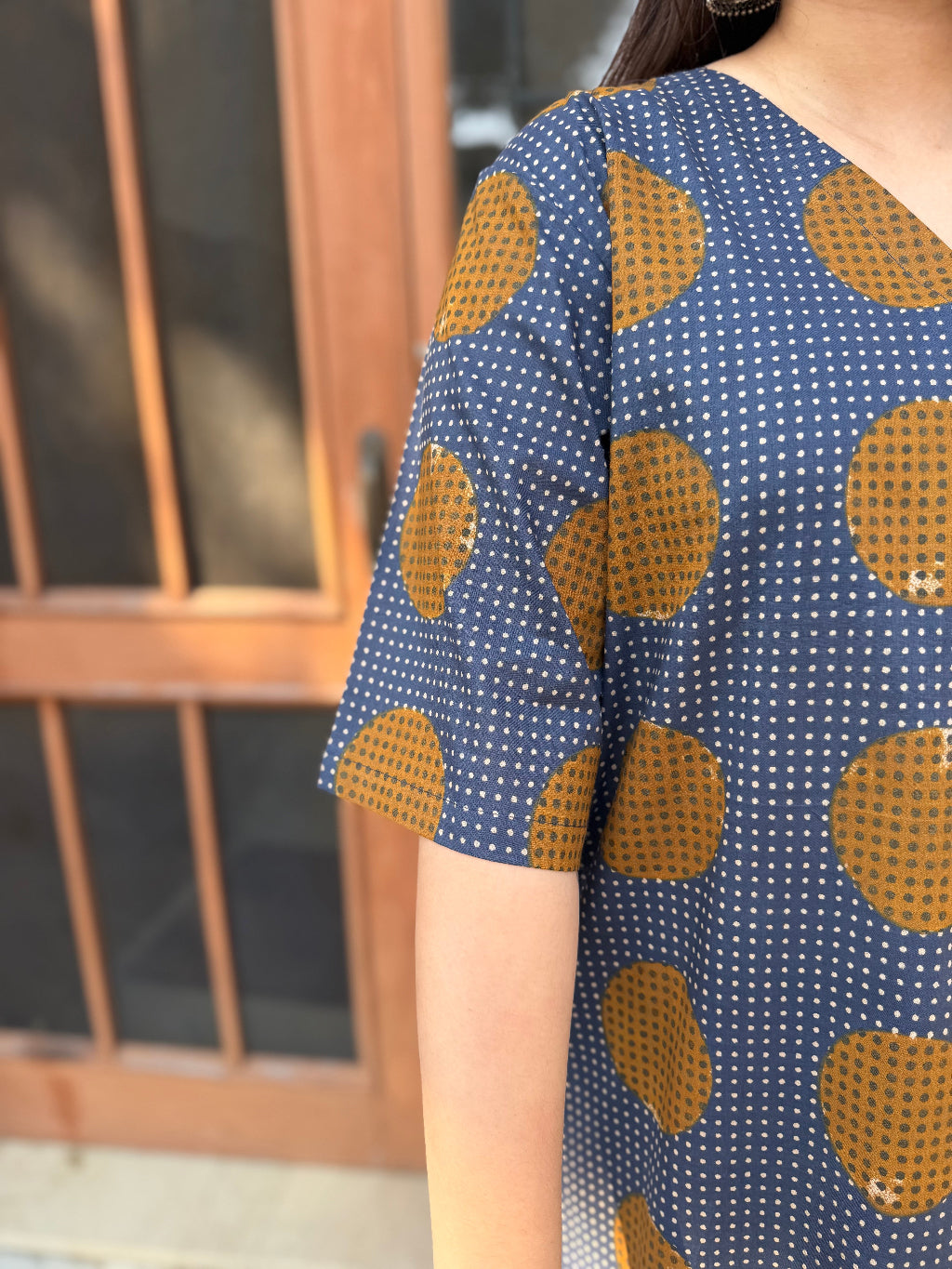 Indigo Polka Top sleeve detail by Sanskritam