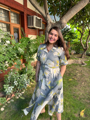 Grey Floral dress with collar - MYSANSKRITAM