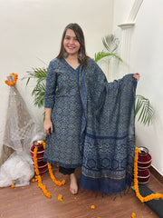 Ajrakh Chanderi Indigo kurta duppata set - MYSANSKRITAM