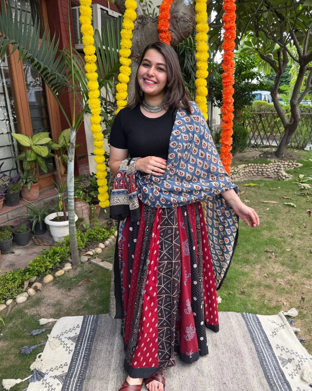 Maroon Multi kali skirt with Ajrakh cotton duppata