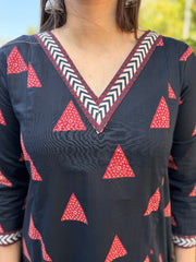 Black Geometric Aline Kurta close up by MySanskritam