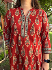 Maroon Leaf A-line Kurta with Pocket close up by MySanskritam
