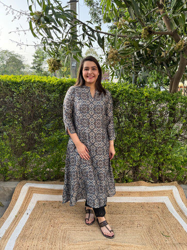 Grey geometric Muslin silk Aline kurta