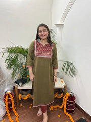 Mehendi embroidered yoke Long kurta - MYSANSKRITAM