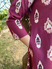 Wine Ikkat print A-Line kurta with pocket