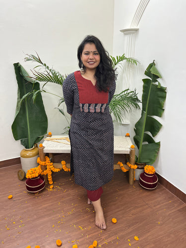 Black Choti buti Ajrakh Yoke kurta