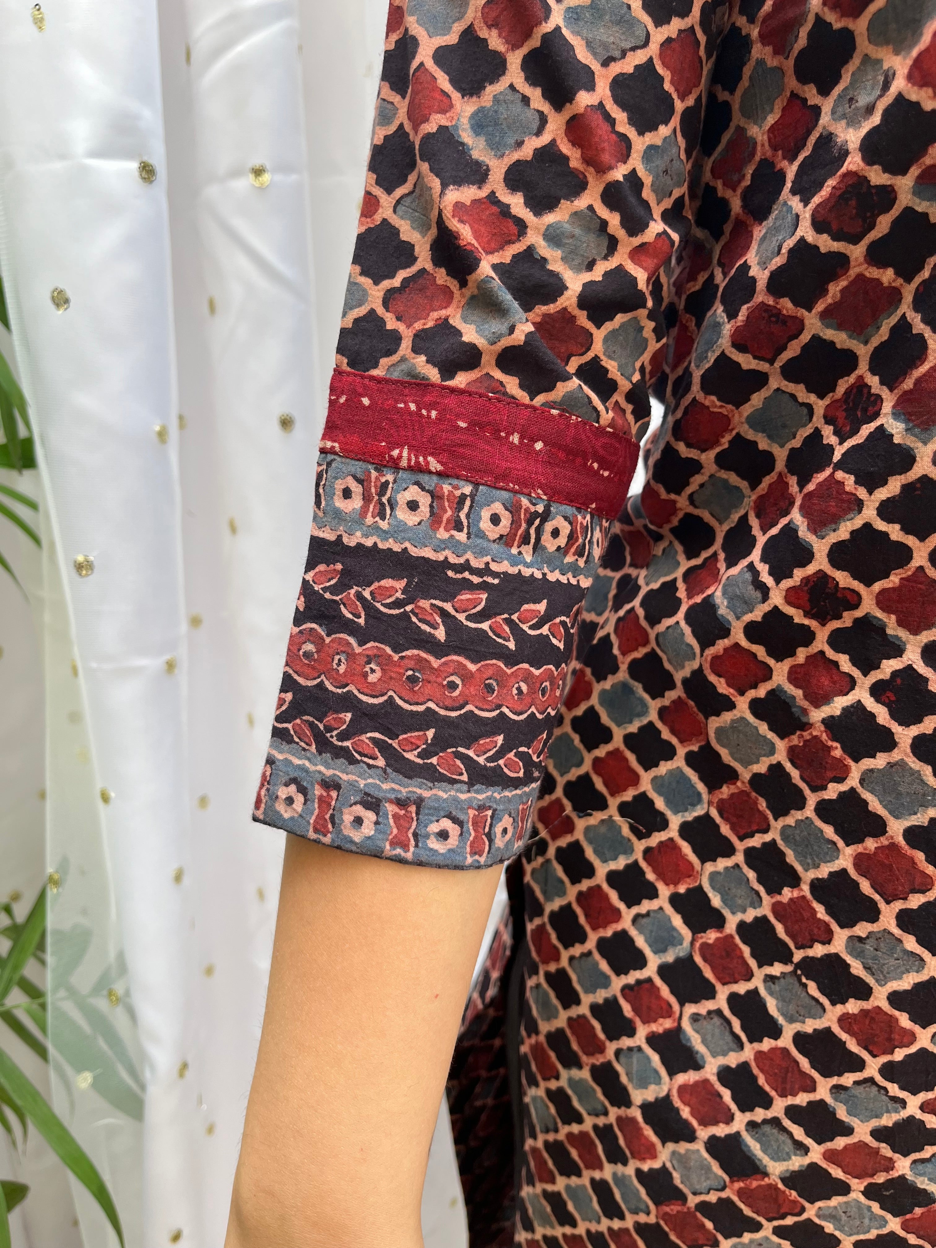 Grey Maroon Geometric yoke kurta - MYSANSKRITAM