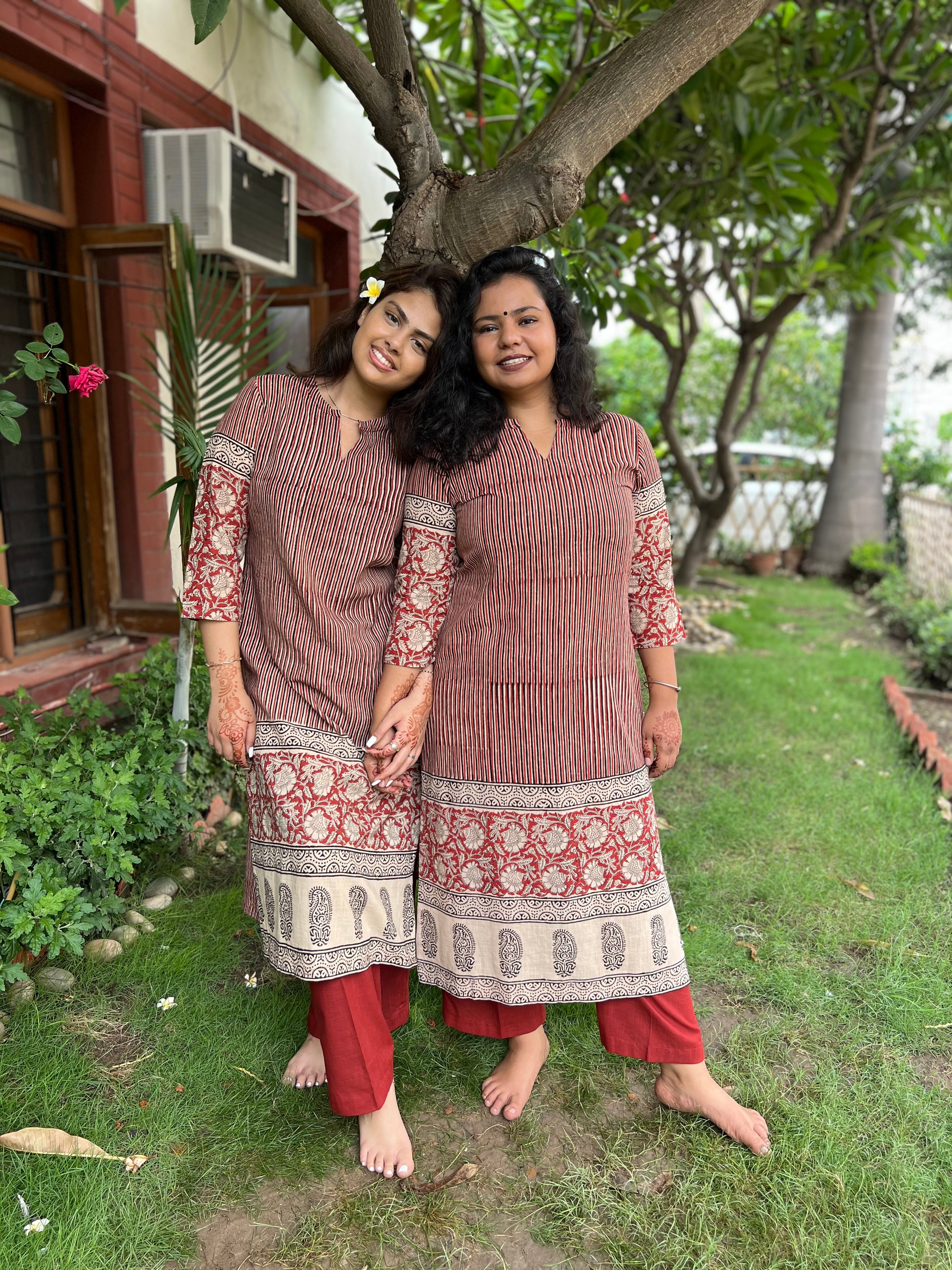 Maroon lines bagru Designer kurti - MYSANSKRITAM